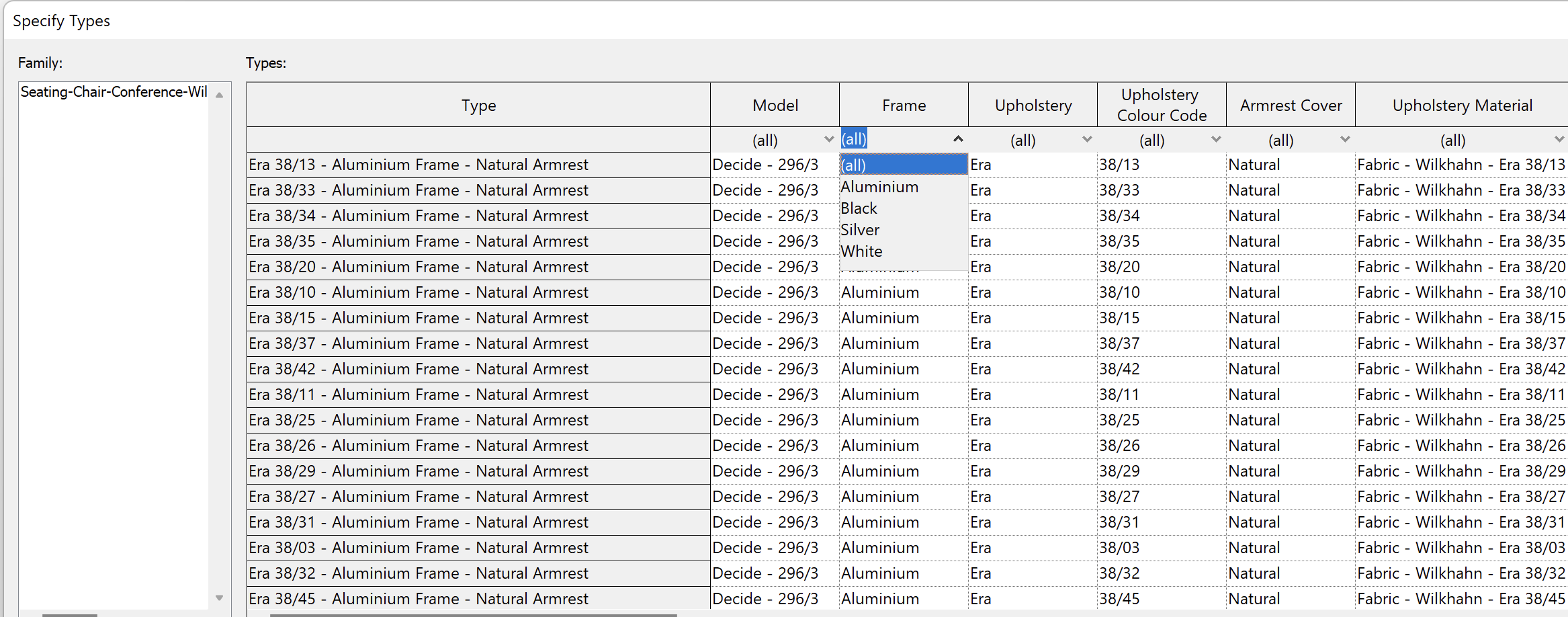 Screenshot of filter types by frame material